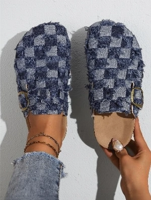 Denim Raged Hem Plaid Slippers