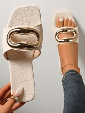 Metal Decor Square Toe Flat Heel Slippers