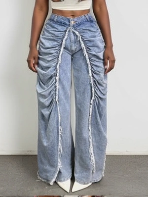 Raged Hem Washed Denim Ruched Jeans