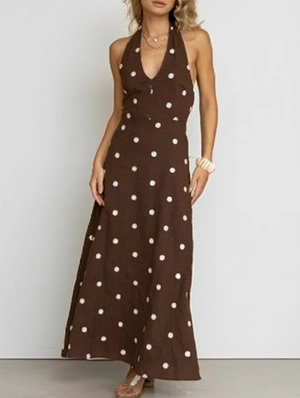 Polka Dots V Neck Backless Maxi Dress