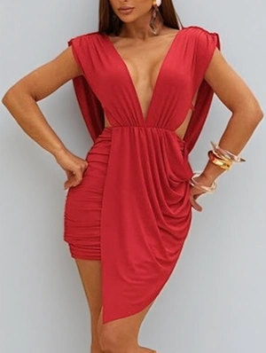 Ruched Hollow-out V Neck Mini Dress