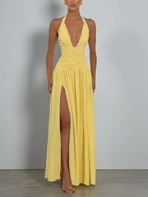 Ruched V Neck Split Hem Maxi Dress