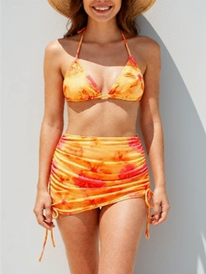 Colorblock Bikinis Ruched Skirt Sets