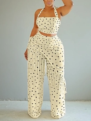 Dots Halter Cropped Tassel Wide Leg Pant Sets