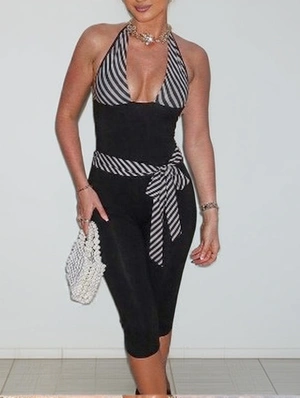 Striped Halter V Neck Lace-Up Capri Rompers