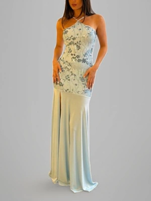 Sequin Halter Lace-Up Split Hem Maxi Dress