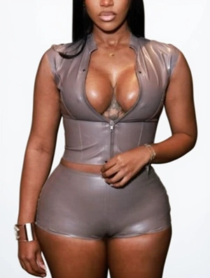 PU V Neck Zipper Cropped Short Sets