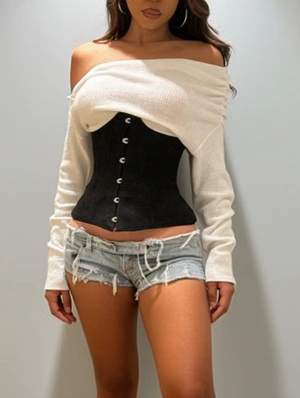 Boat Neck Long Sleeve Knitting Girdle Faux Two-Piece T-shirts