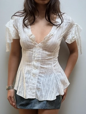 V Neck Short Sleeve Cotton Blouses