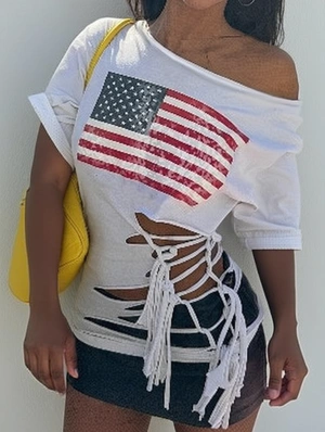 Off Shoulder Lace Up American Flag Summer Tshirts