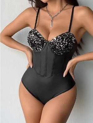 Sequin Fishbone V Neck Sleeveless Bodysuits