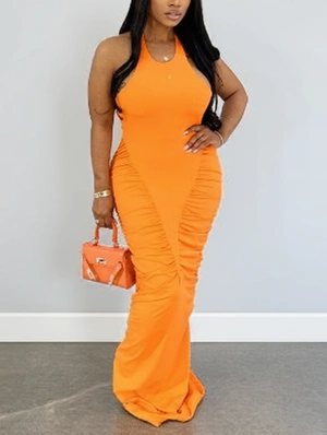 Ruched Halter Backless Fitted Maxi Dress