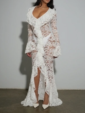 Lace Detail V Neck Split Hem Maxi Dress