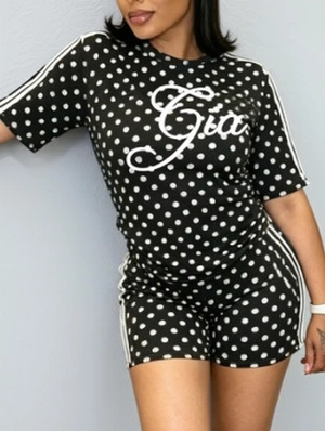 Leopard Dots Print Striped Trim Short Sets