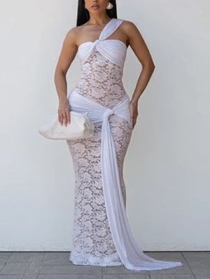 Twist Sheer Ribbons One Shoulder Maxi Dress