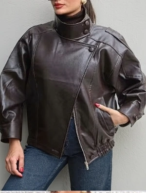 Plain Stand Collar Leather Zipper Jackets