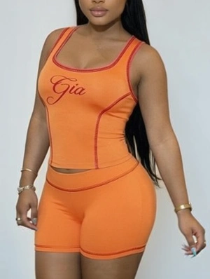 Letter Printed Seam Line Tank Short Sets