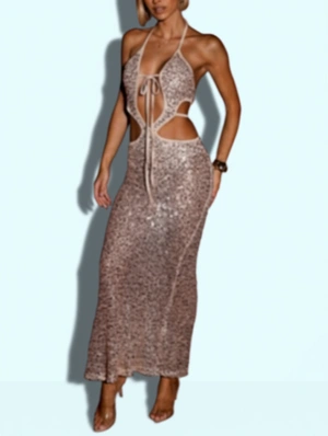 Sequin Halter Backless Lace-Up Maxi Dress