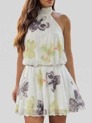 Flower Backless Highneck  Sleeveless Dress