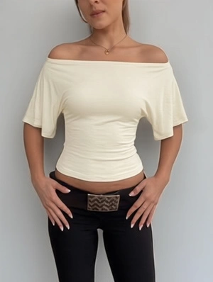 Solid Color Boat Neck Trumpet Sleeve Design Tops