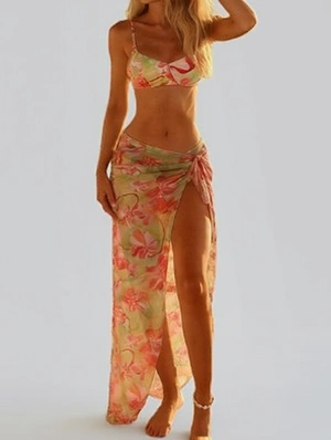 Floral Print Mesh Tie-Front Beachwear Dress Bikini 3pc Set