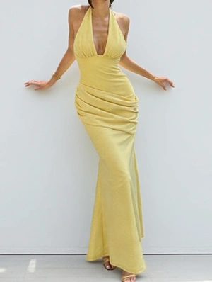 Halter Backless Lace-Up Ruched Sleeveless Dress
