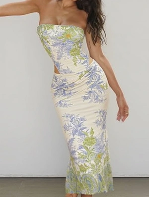 Elegant Floral Sleeveless Backless Strapless Dress