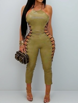 Hollow-out PU Halter Lace-Up Jumpsuits
