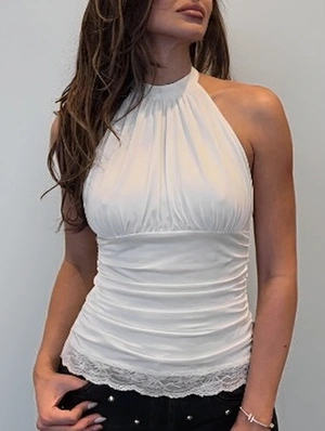 Lace Detail Halter Ruched Sleeveless Backless Tanks Top