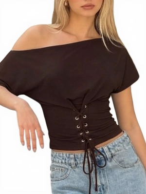 Off Shoulder Lace Up Front Short Sleeve Tee