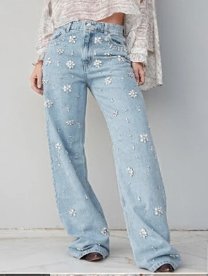 Faux Pearl Rhinestones Loose Denim Jeans