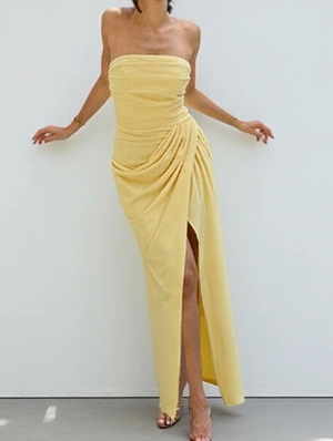 Ruched Tie-wrap Split Backless Sleeveless Strapless Dress