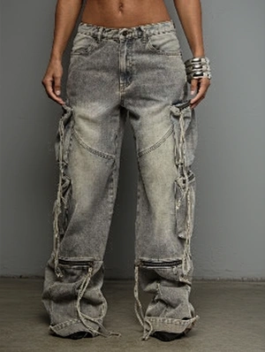 Distressed Denim Multi Pocket Cargo Jeans