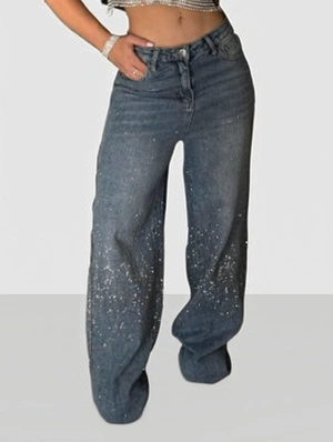 Sparkly Rhinestones Denim Wide Leg Jeans