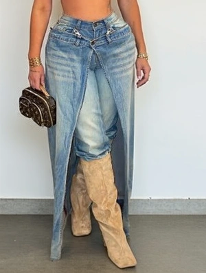 Distressed Faux Two-Piece Denim Jeans