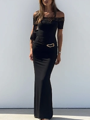 Off Shoulder Lace Pleated Short Sleeve Maxi Dress