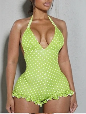 Dots Ruffle Halter Backless Rompers