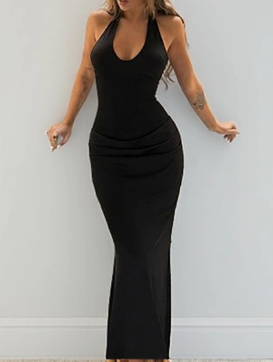 Halter Plunge Neck Maxi Sleeveless Dress