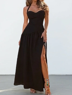 Patchwork Halter Neck Bow Sleeveless Ruched Dress