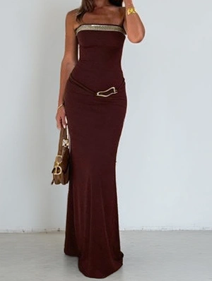 Metal Buckle Patchwork Strapless Flounce Hem Dress