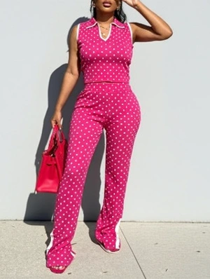 Polka Dots Polo Tank Split Hem Pant Sets