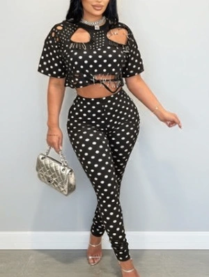 Ripped Pin Dots Cropped Fitted Pant Sets