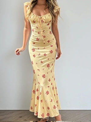 Floral Flounce Hem Frill Wing Ruffle Sleeve Dress