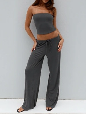 Pure Color Drawstring Strapless Pant Sets