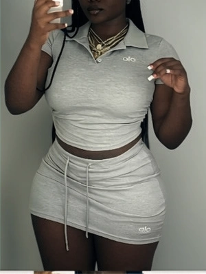 Embroidery Cropped Polo Fitted Skirt Sets