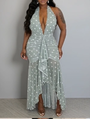 Polka Dots Ruched Halter Backless Maxi Dress