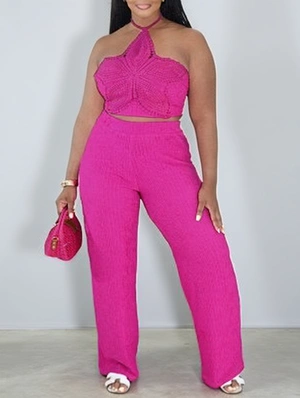 Knitted Halter Backless Lace-Up Pant Sets