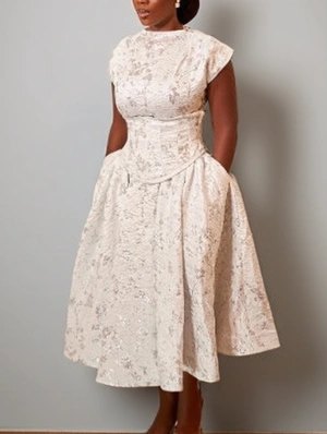 Floral Girdle Lace-Up Cap Sleeve Midi Dress