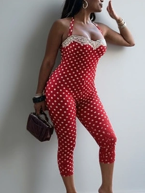 Lace Detail Polka Dots Sleeveless Rompers