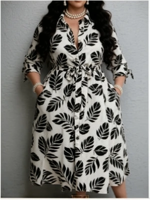 Plus Size Long Sleeve Printed Shirt Dress
